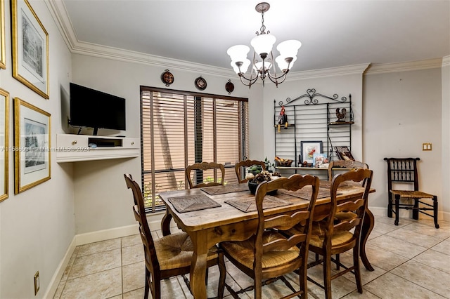 tiled dining room with a notable chandelier and crown molding