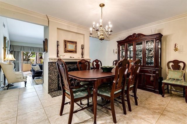 tiled dining space with ornamental molding and a chandelier