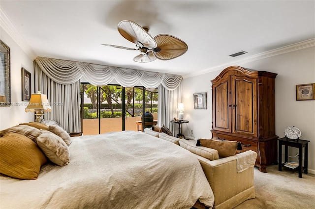 bedroom featuring ornamental molding, ceiling fan, access to exterior, and light carpet