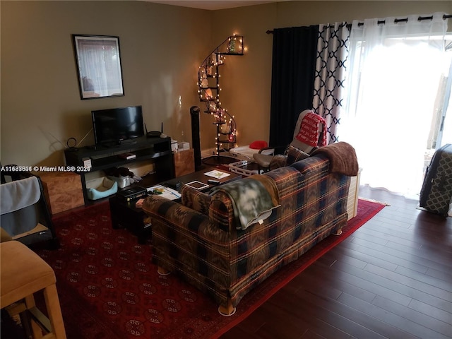 living room with dark hardwood / wood-style flooring