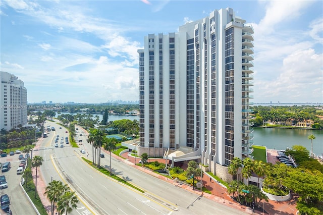 view of building exterior featuring a water view