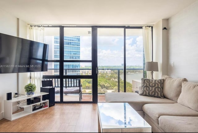 living room with hardwood / wood-style flooring, a wall of windows, and a wealth of natural light