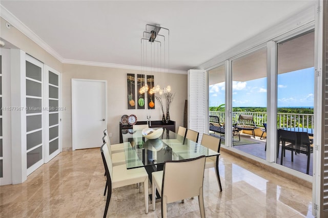 dining area featuring ornamental molding, light tile patterned flooring, and french doors