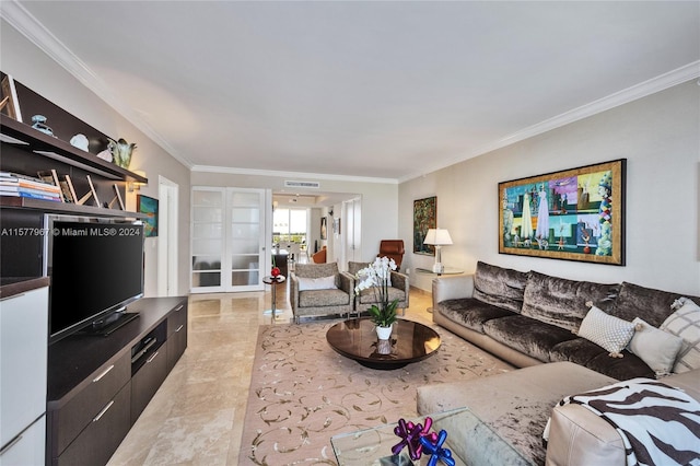 living room with light tile patterned flooring, crown molding, and french doors