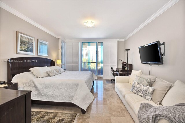 tiled bedroom featuring access to outside and ornamental molding