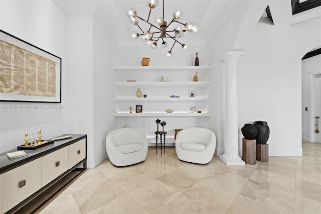 living area with a notable chandelier, built in features, crown molding, ornate columns, and light tile floors