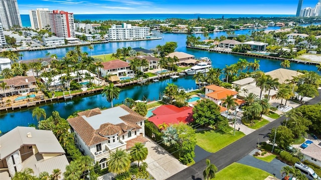 bird's eye view with a water view