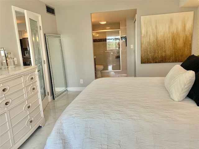 tiled bedroom featuring ensuite bathroom and stainless steel refrigerator with ice dispenser