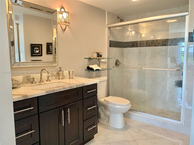 bathroom with walk in shower, tile flooring, toilet, and vanity