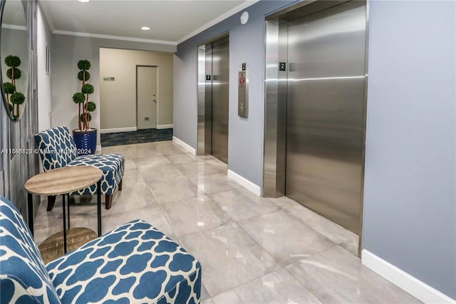 hall featuring tile flooring, elevator, and crown molding