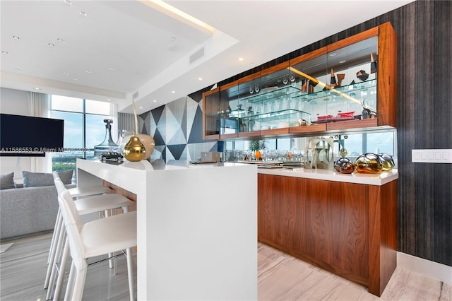 bar with a raised ceiling and light hardwood / wood-style flooring