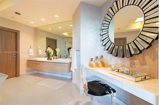 bathroom with tile flooring and dual bowl vanity