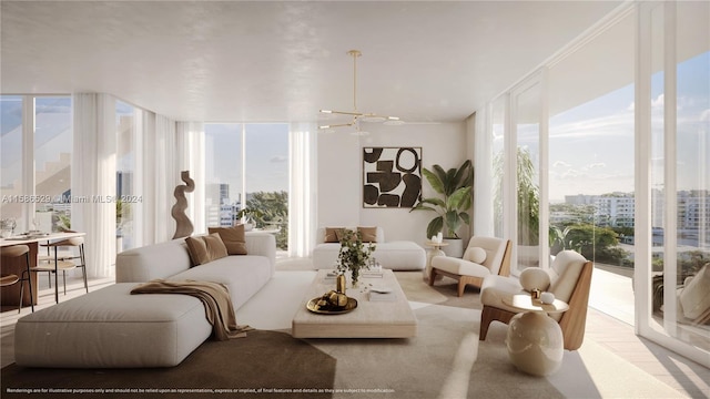 living room with floor to ceiling windows and a notable chandelier