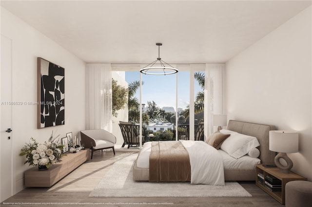 bedroom featuring expansive windows, access to exterior, and hardwood / wood-style flooring