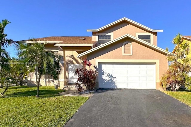 view of front of house with a garage and a front lawn