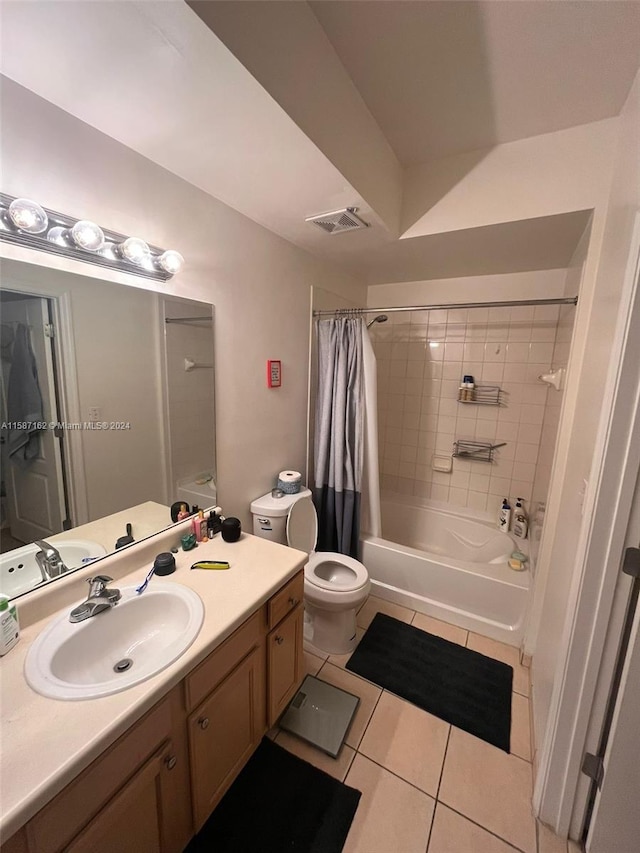 full bathroom featuring tile flooring, shower / tub combo, vanity, and toilet