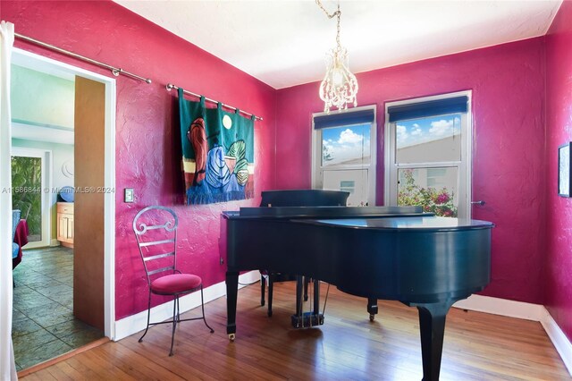 miscellaneous room featuring a wealth of natural light, wood-type flooring, and a chandelier