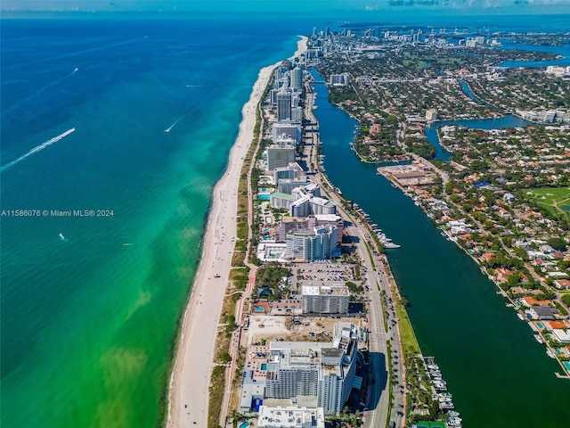 bird's eye view with a water view