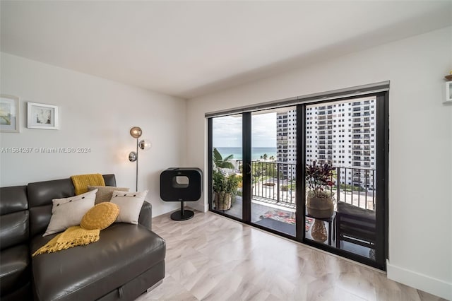 living room featuring a water view