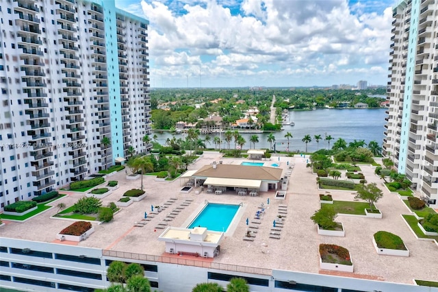 drone / aerial view featuring a water view