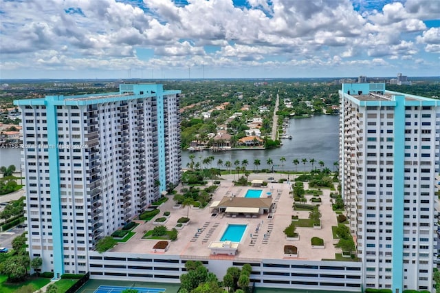 drone / aerial view with a water view