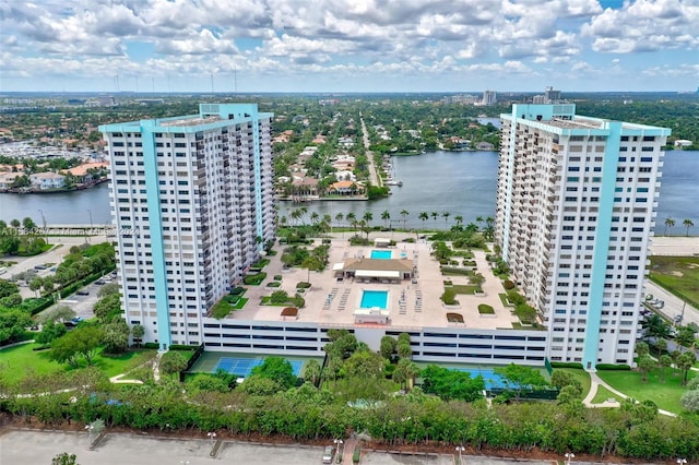 bird's eye view with a water view