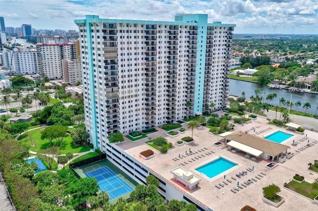 aerial view featuring a water view