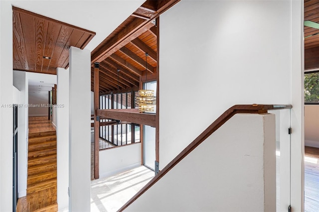 stairs with wood-type flooring, beam ceiling, and wooden ceiling