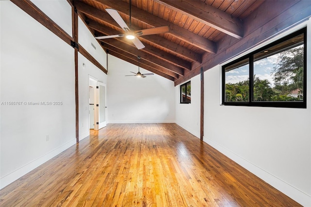 unfurnished room with vaulted ceiling with beams, wood ceiling, light hardwood / wood-style floors, and ceiling fan