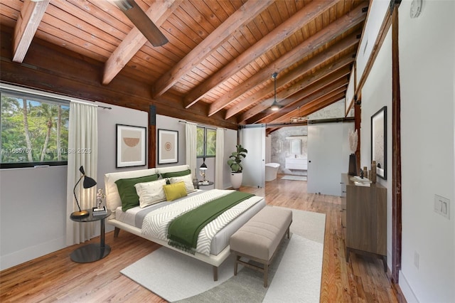 bedroom featuring connected bathroom, light hardwood / wood-style flooring, lofted ceiling with beams, and wooden ceiling