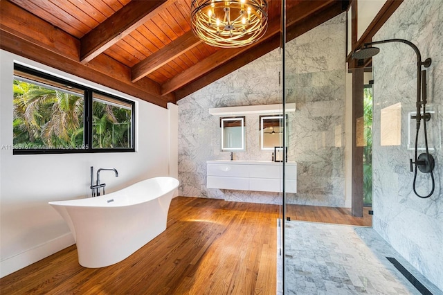 bathroom with wood-type flooring, vaulted ceiling with beams, a chandelier, vanity, and wood ceiling