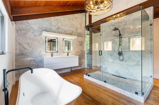 bathroom with lofted ceiling with beams, wood-type flooring, wood ceiling, and a chandelier