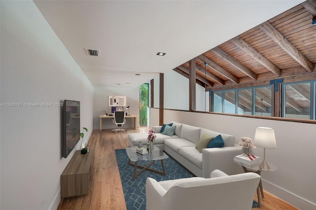 living room with hardwood / wood-style floors, wood ceiling, and beamed ceiling