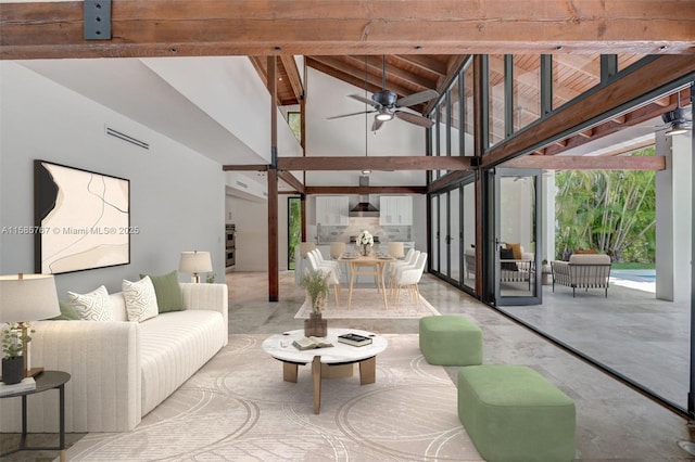 living room with ceiling fan, beam ceiling, and high vaulted ceiling