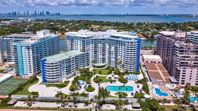 bird's eye view with a water view