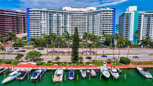 exterior space with a water view