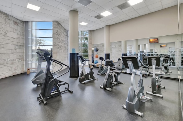 workout area with expansive windows and a drop ceiling