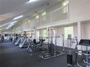 workout area featuring high vaulted ceiling