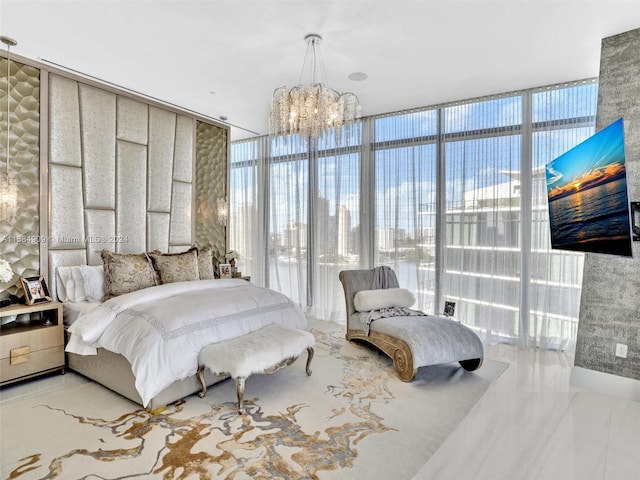 bedroom featuring tile floors, a notable chandelier, and floor to ceiling windows