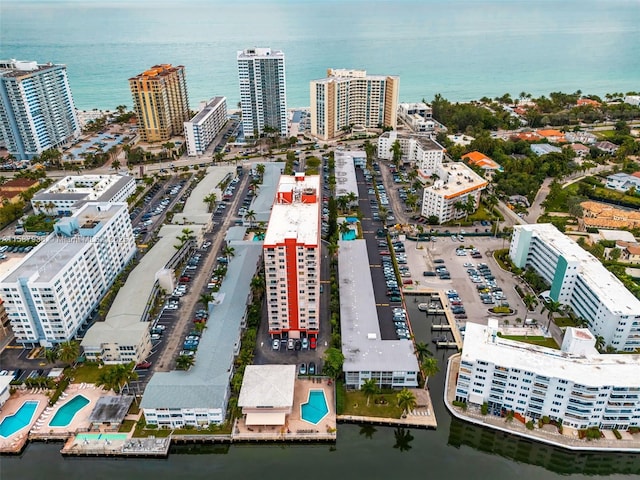 bird's eye view with a water view