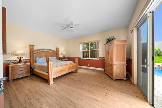 bedroom with light hardwood / wood-style floors, access to outside, and ceiling fan