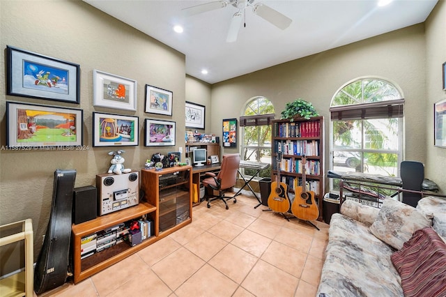 tiled office with ceiling fan