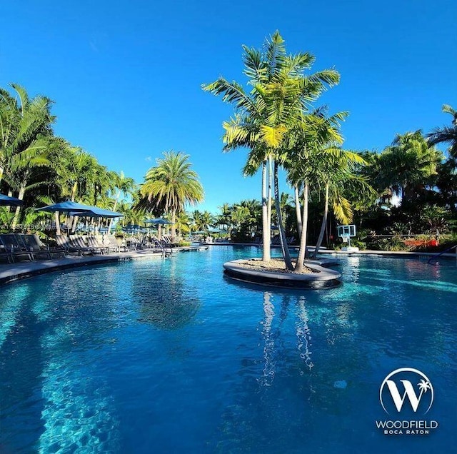 view of swimming pool with a water view