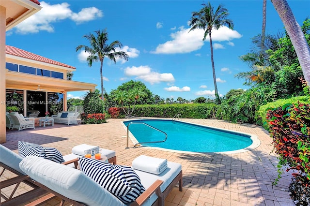 view of pool with a patio and an outdoor living space