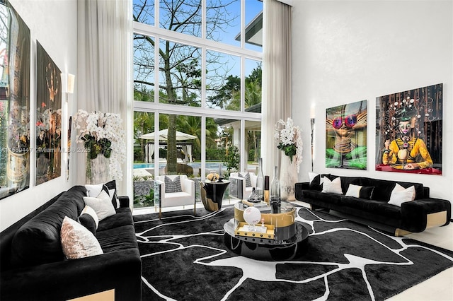 living room with a high ceiling and a healthy amount of sunlight