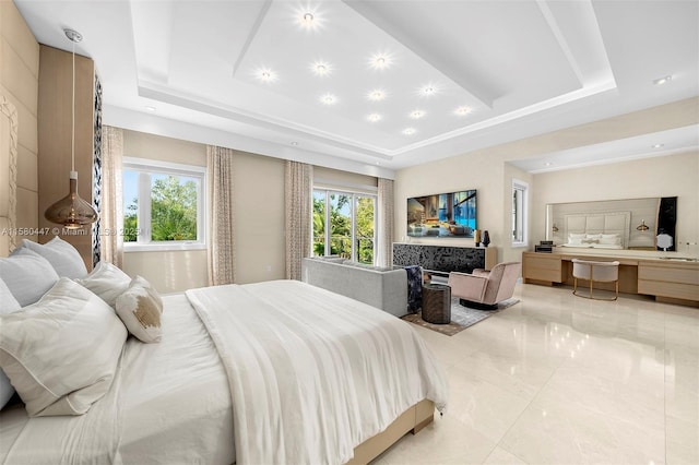 bedroom with a tray ceiling