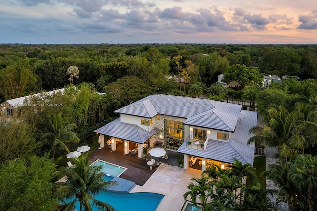aerial view at dusk with a view of trees