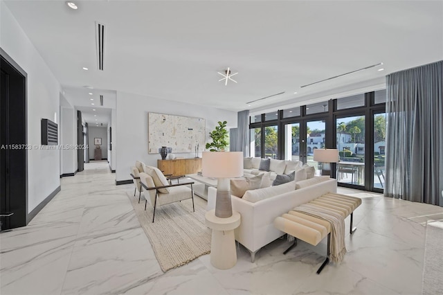 living room with french doors and light tile floors