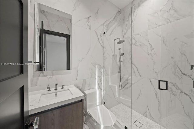 bathroom with walk in shower, tile walls, toilet, and vanity