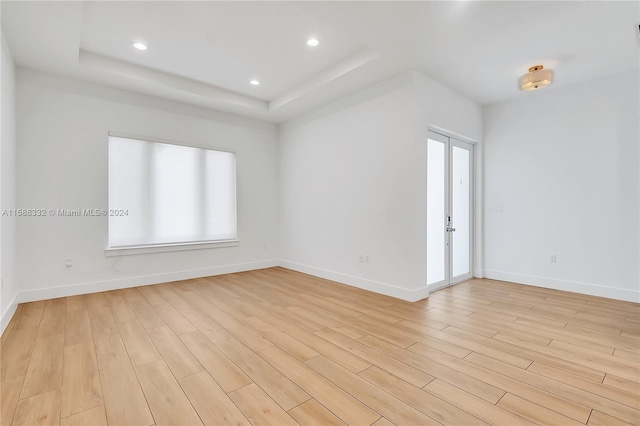 unfurnished room featuring a tray ceiling, light hardwood / wood-style floors, and a wealth of natural light